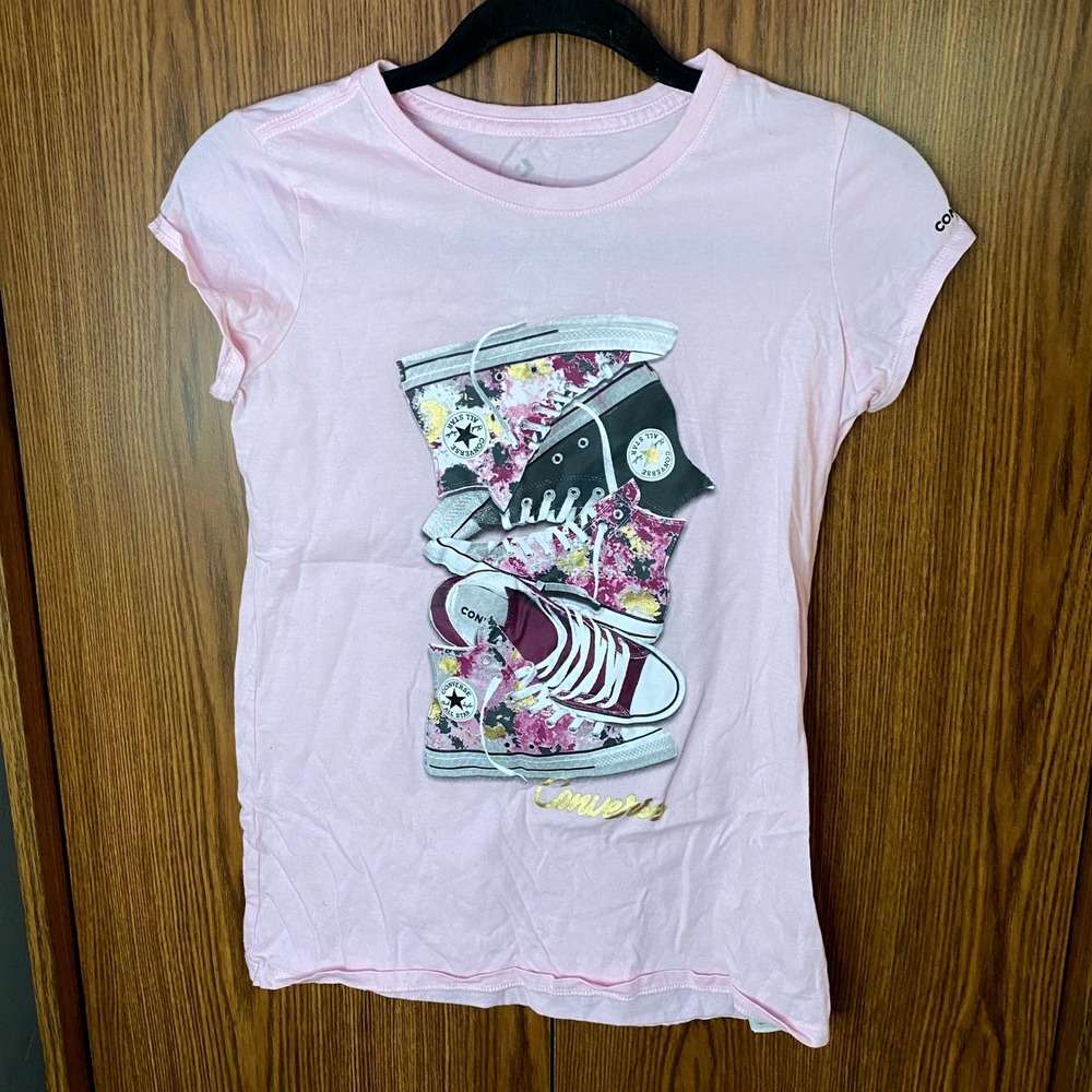 Converse Graphic T-Shirt Girls XL Pink Floral Sneaker Stack Short Sleeve Tee